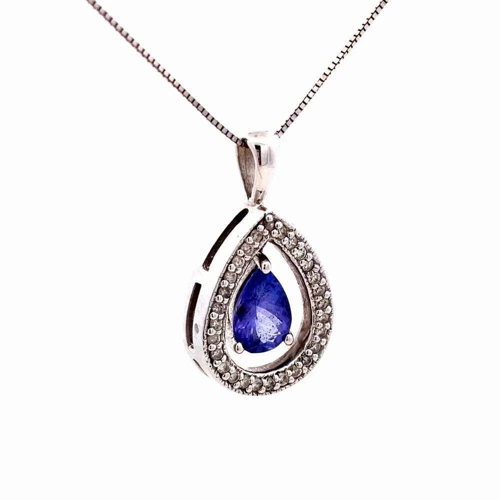 Designer RCI 14K White Gold Floating Tanzanite Pear Diamond Accent Halo Necklace